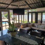 Covered patio with wicker furniture, dining table, TV, and pool view through glass doors.