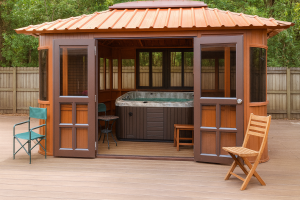 Wooden gazebo with an open door, revealing a hot tub inside, surrounded by a deck and outdoor chairs.