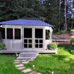 A small wooden gazebo with a blue metal roof on a grassy lawn surrounded by trees.