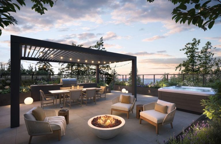 Rooftop terrace with seating, fire pit, hot tub, pergola, and string lights at sunset.