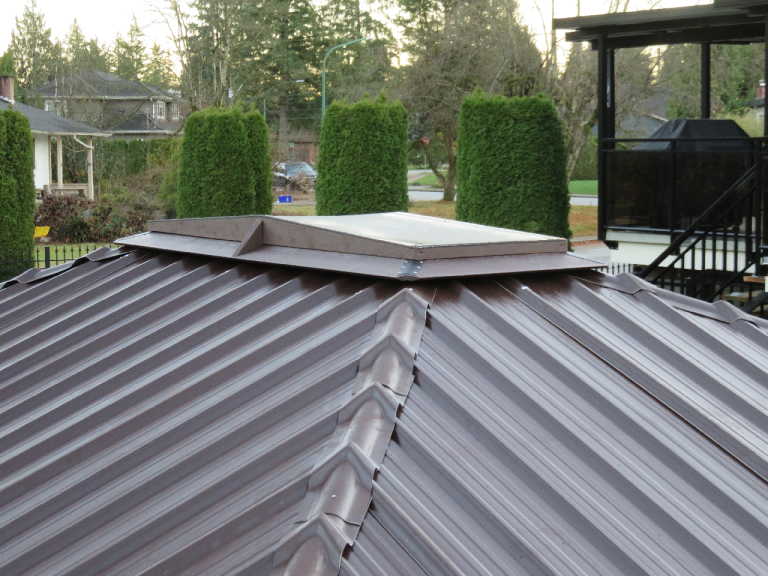 Brown metal roof with a small rectangular skylight, surrounded by trees and residential houses in the background.