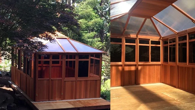 Wooden gazebo with windows and a transparent roof, shown from outside and inside, surrounded by greenery.
