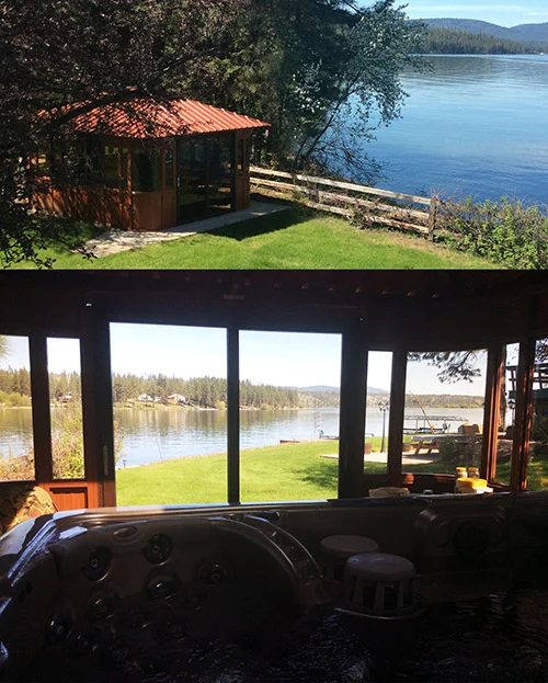 Gazebo by a lake with lush greenery and interior view showing a hot tub overlooking the water.