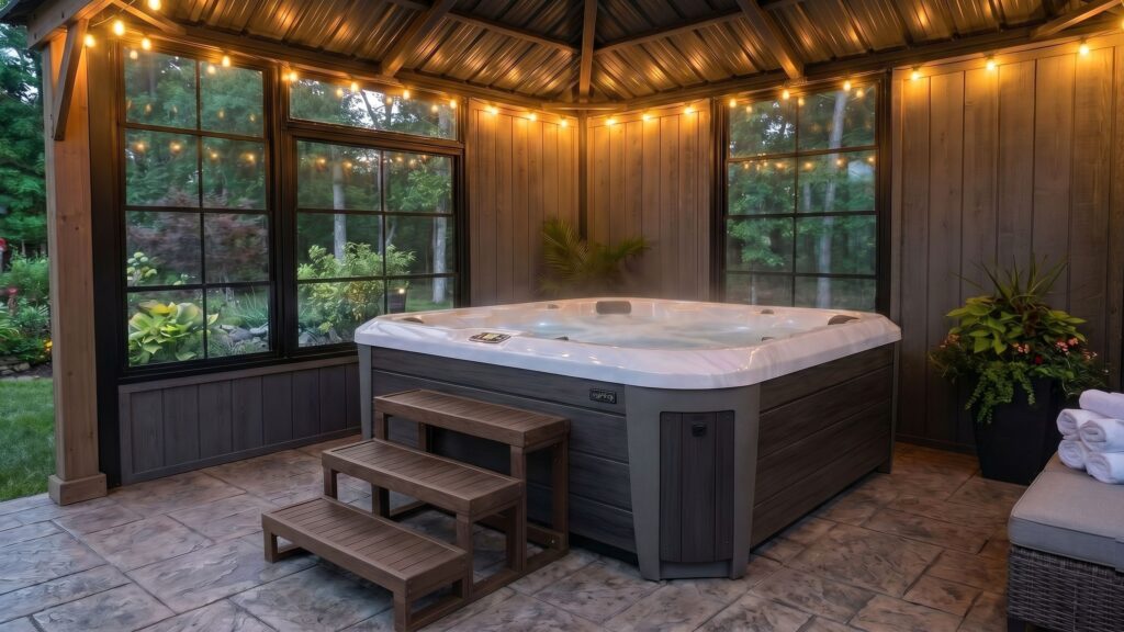 Three-step composite spa steps beside a hot tub inside a gazebo with string lights and a stamped concrete floor