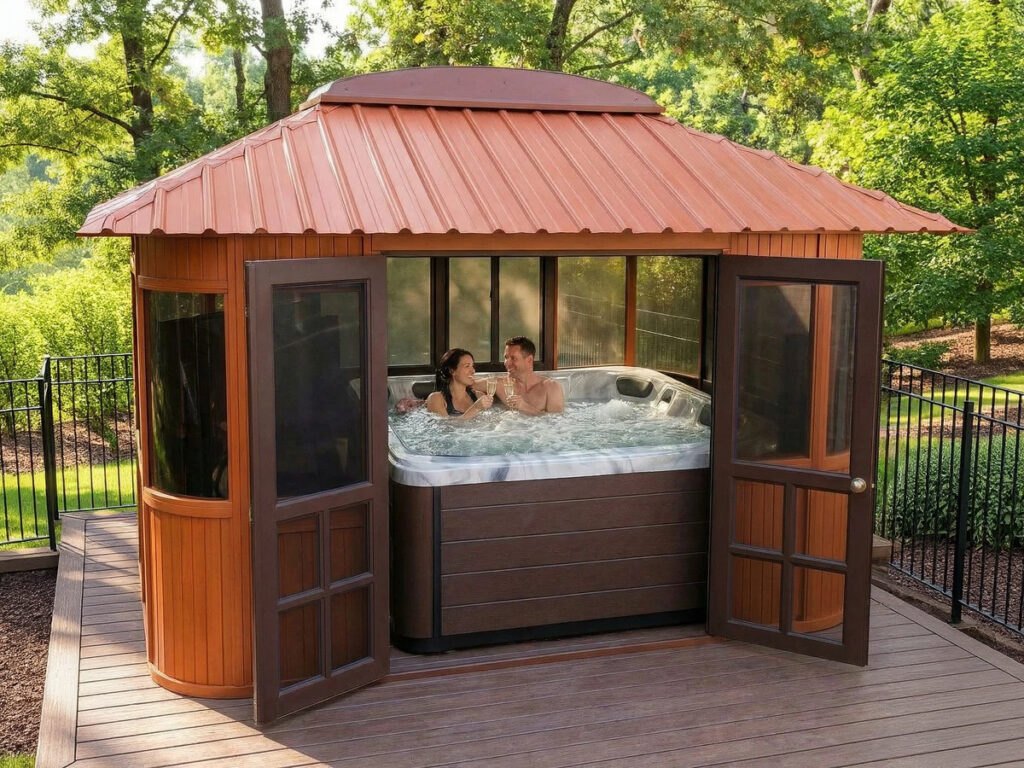 Aspen 10x14 hot tub gazebo with both doors open and a couple relaxing in the hot tub on a deck