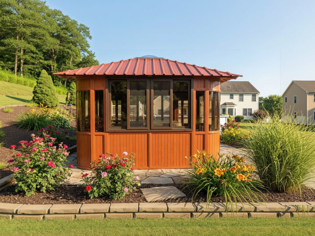Aspen 12x12 hot tub gazebo front view with a terracotta metal roof and large windows behind garden plants