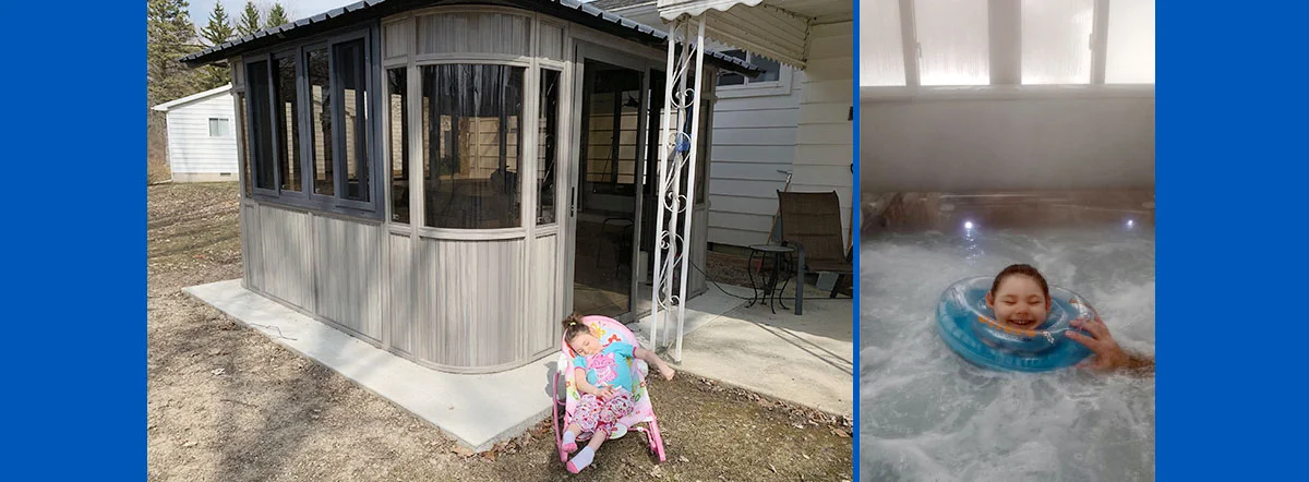 Left: Child In Chair Outside A Gazebo. Right: Child Smiling In A Hot Tub With A Float Ring.