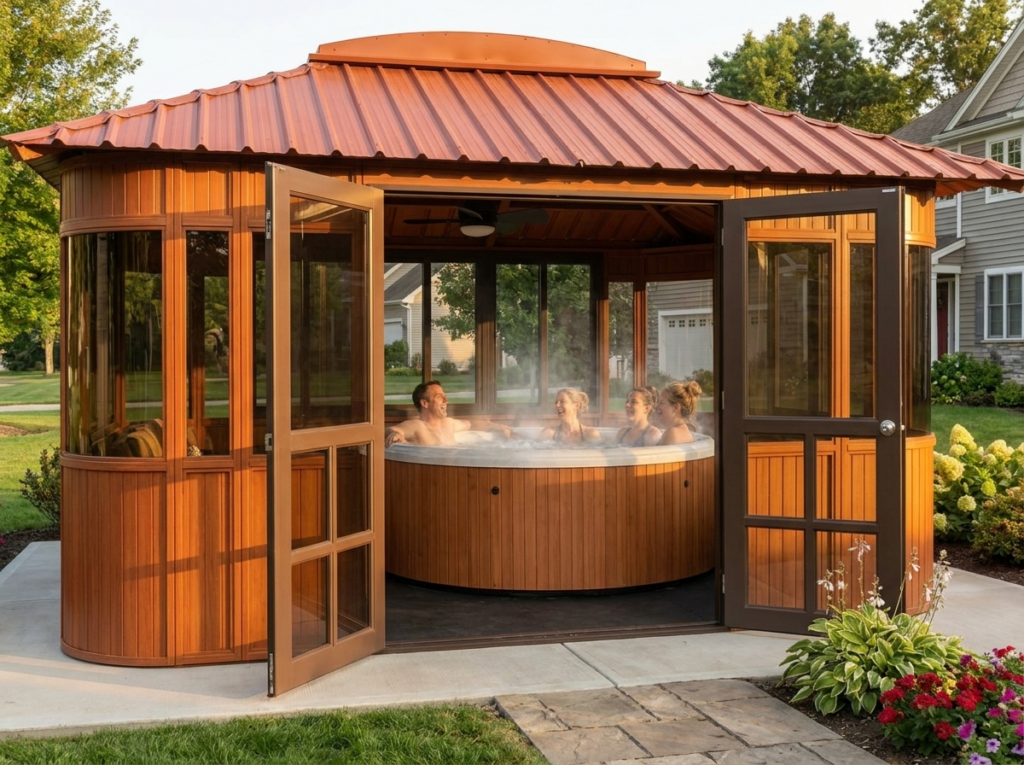 Aspen 12x16 hot tub gazebo with both doors open and four people soaking inside on a concrete patio