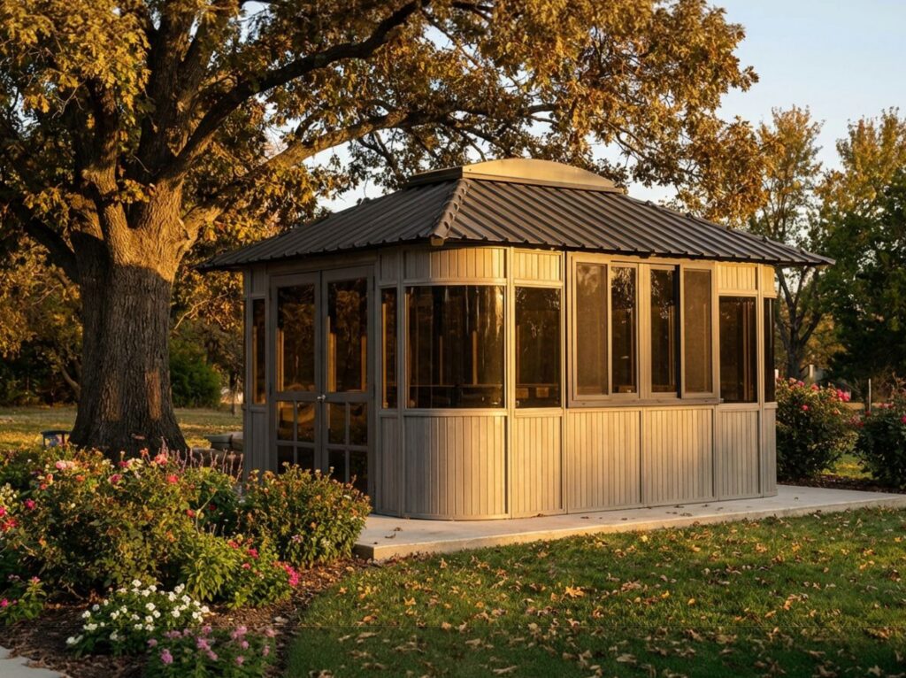 Colorado 10x14 gray spa gazebo with open screen doors and a sofa seating area on a flagstone patio
