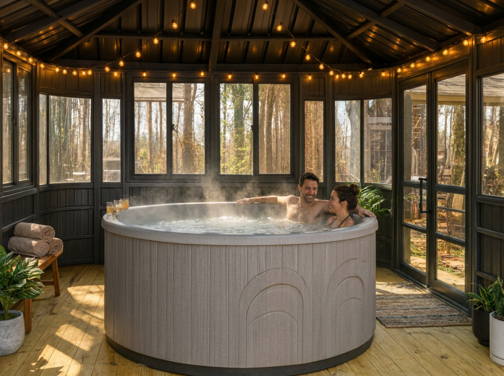Colorado 12x14 hot tub gazebo interior with a couple in a round hot tub, string lights and open doors