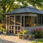 Colorado 12x16 composite spa gazebo with double glass doors and gray roof among potted flowers