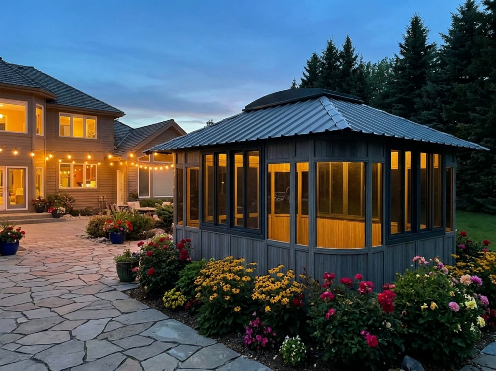 Colorado 12x16 hot tub gazebo glowing at dusk with lit windows, string lights on the house and a flagstone patio