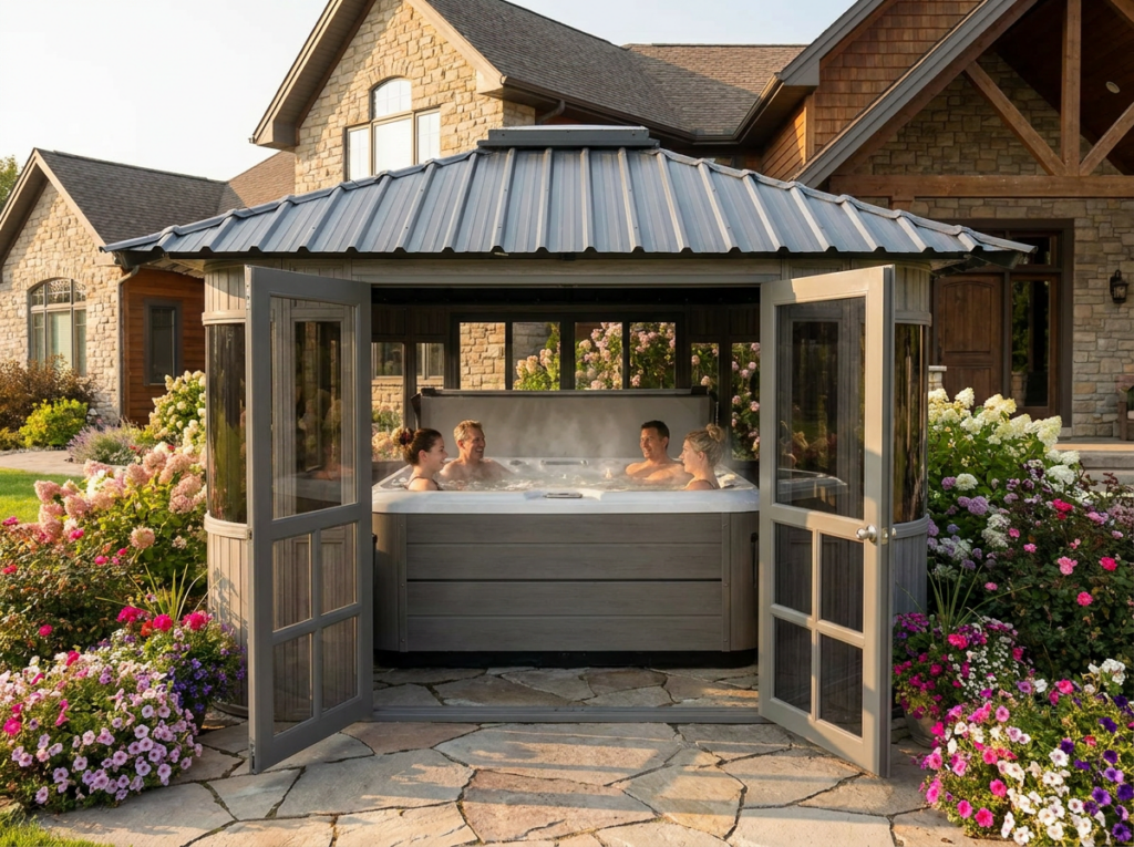 Colorado 12x16 hot tub gazebo with both glass doors open showing four people relaxing in a hot tub