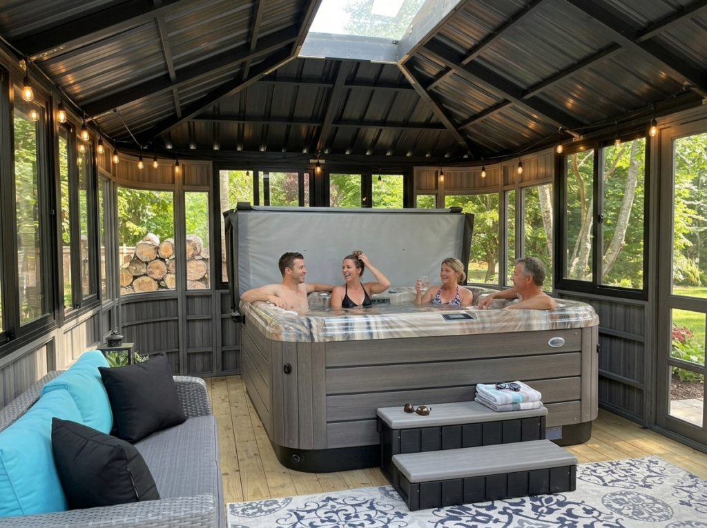Inside a Colorado 12x18 hot tub gazebo with four people in the tub, spa steps, a skylight and an outdoor sofa