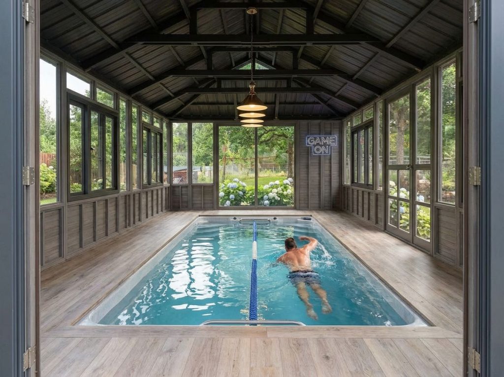 Denali 14x24 swim spa enclosure with a person swimming, a skylight and doors open to the garden