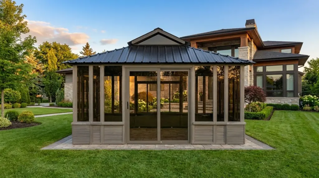 Denali 16x24 hot tub enclosure front view with sliding glass doors and a gabled roof vent beside a house