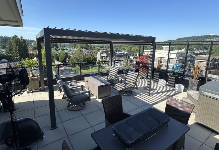 Rooftop patio with chairs, a pergola, planters, and a view of the cityscape and trees in bright sunlight.