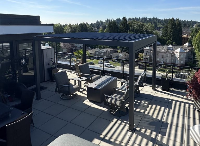 Rooftop patio with pergola, seating area, potted plants, and city view under a clear blue sky.