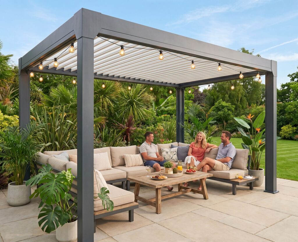 Pergola Targa collection aluminum pergola with open roof louvers, string lights and a lounge set on a stone patio
