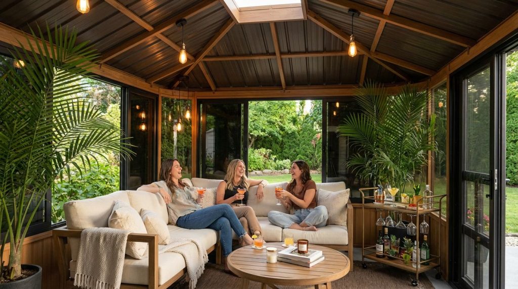 Whistler 12x14 gazebo interior lounge with three friends on a sofa, a drinks cart and a skylight