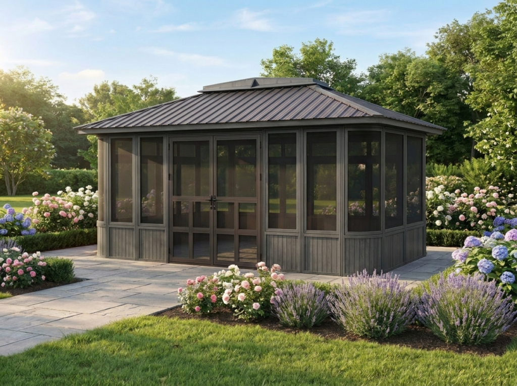 Whistler Gray 12x18 hot tub gazebo with closed double doors and screened windows on a stone patio