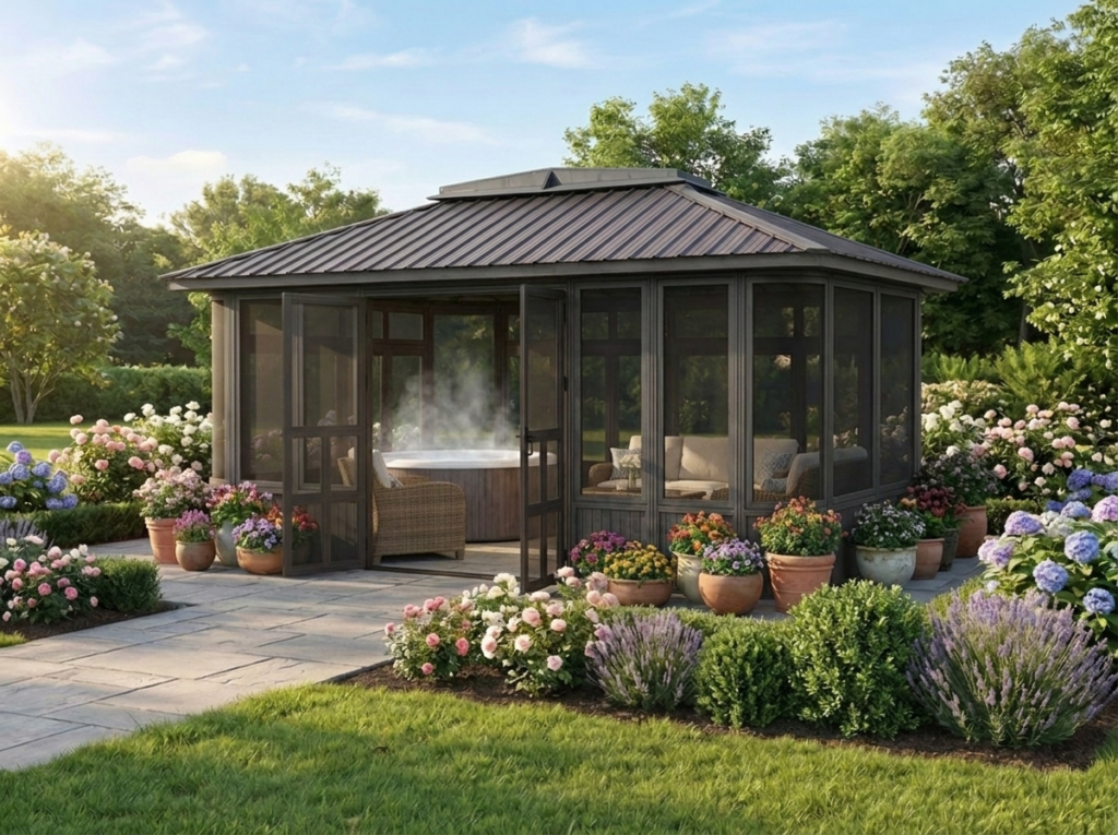 Whistler Gray 12x18 hot tub enclosure with doors open and steam rising from a hot tub among potted flowers