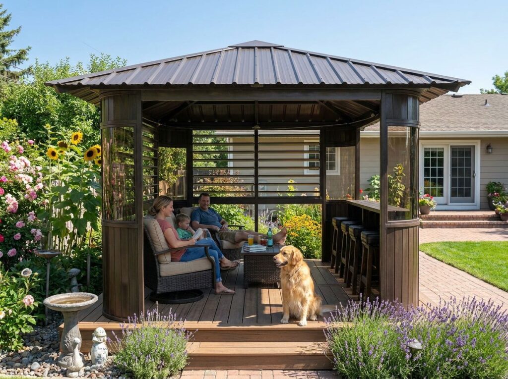 Zento Mocha Brown spa pavilion with a family and golden retriever relaxing on a deck in daylight