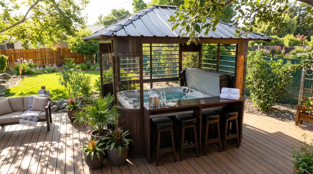 Zento Mocha Brown hot tub gazebo with a bar counter, stools and rolled towels beside the tub on a sunny deck